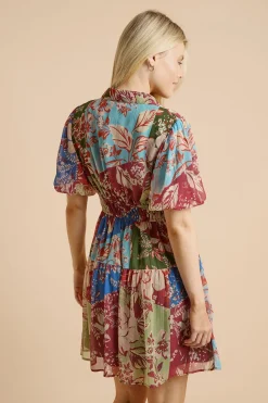 Robe Chemise Mini À Taille Basse Avec Manches Bouffantes Et Imprimé Floral Patchwork