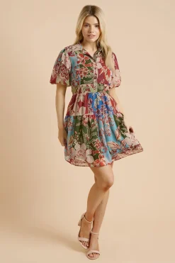 Robe Chemise Mini À Taille Basse Avec Manches Bouffantes Et Imprimé Floral Patchwork