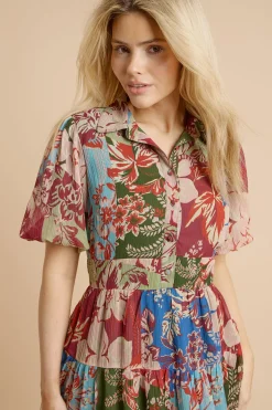 Robe Chemise Mini À Taille Basse Avec Manches Bouffantes Et Imprimé Floral Patchwork