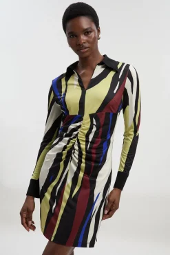 Robe Chemise Mini Tall en Crêpe à Col avec Détail Froncé et Imprimé Zèbre Abstrait