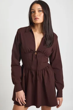 Robe Chemise Patineuse à Manches Longues et Taille Cintrée en Bengaline