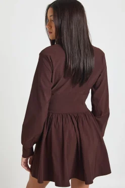 Robe Chemise Patineuse à Manches Longues et Taille Cintrée en Bengaline