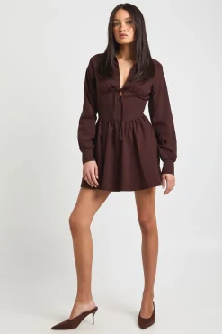 Robe Chemise Patineuse à Manches Longues et Taille Cintrée en Bengaline