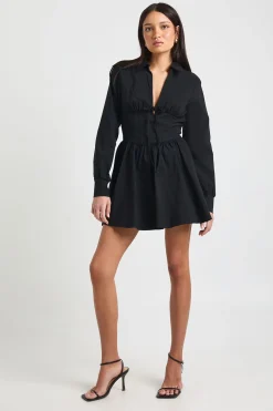 boohoo Robe Chemise Patineuse à Manches Longues et Taille Cintrée en Bengaline<Femme Robes À Manches Longues|Robes