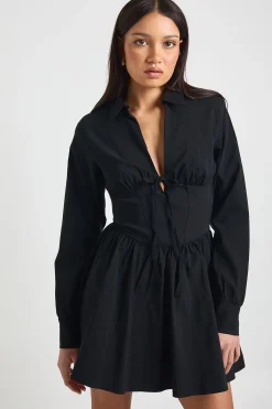 boohoo Robe Chemise Patineuse à Manches Longues et Taille Cintrée en Bengaline<Femme Robes À Manches Longues|Robes