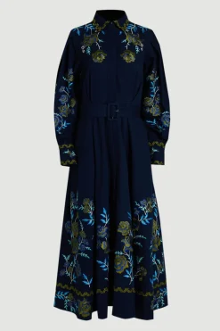 Robe Chemise Petite En Sergé De Coton Tissé Brodé De Roses Avec Œillets