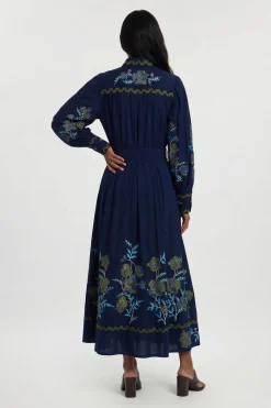 Robe Chemise Petite En Sergé De Coton Tissé Brodé De Roses Avec Œillets