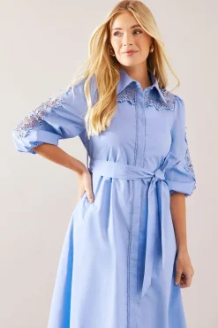 Robe Chemise Petite Taille en Coton avec Détails Ajourés