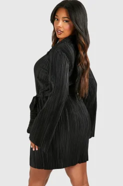 Robe Chemise Plus Plissé à Manches Évasées et Ceinture