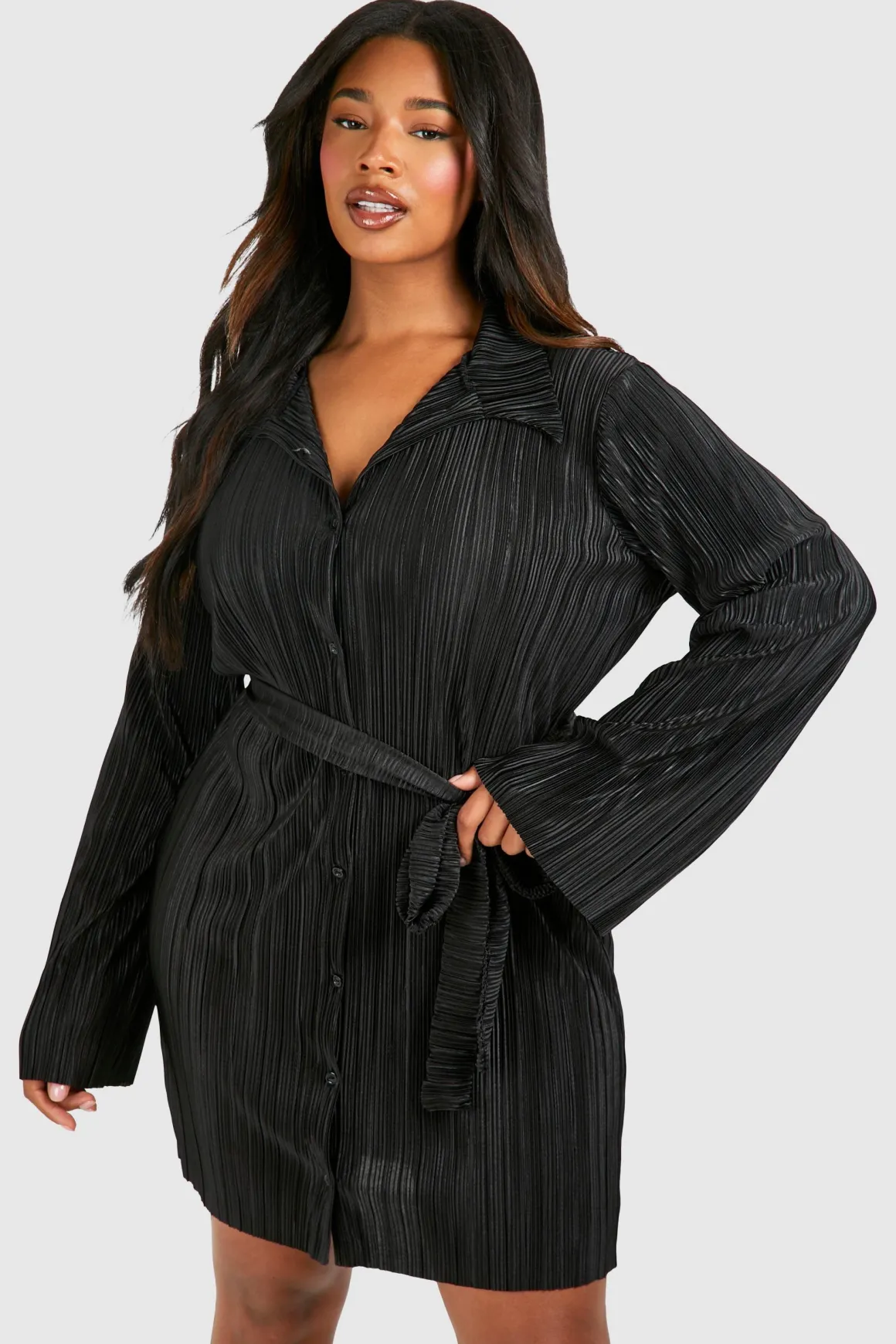Robe Chemise Plus Plissé à Manches Évasées et Ceinture