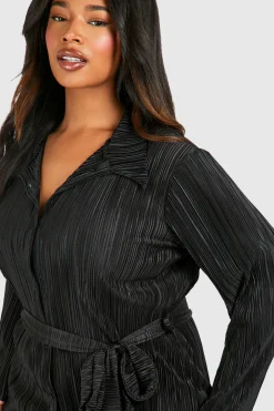 Robe Chemise Plus Plissé à Manches Évasées et Ceinture