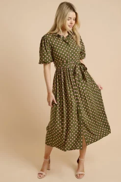 Robe Chemise À Pois Verts Avec Ceinture Et Manches Bouffantes