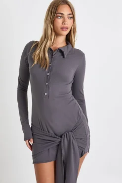 Robe chemise portefeuille boutonnée, ruchée, au toucher ultra doux