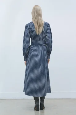 Robe Chemise Rayée en Popeline de Coton à Manches Bouffantes et Détail Portefeuille