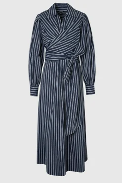 Robe Chemise Rayée en Popeline de Coton à Manches Bouffantes et Détail Portefeuille
