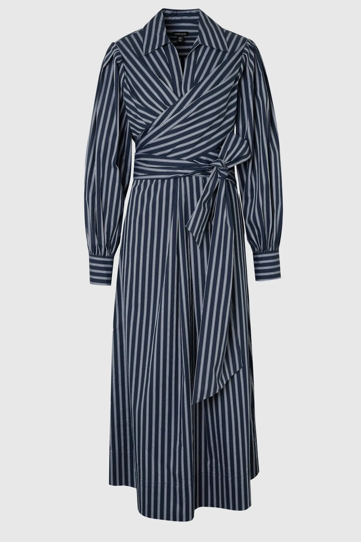 Robe Chemise Rayée en Popeline de Coton à Manches Bouffantes et Détail Portefeuille