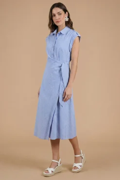 Robe Chemise À Rayures Avec Encolure Cache-cœur Et Manches Retroussées