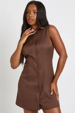 boohoo Robe chemise sans manches à col avec détails de garniture<Femme Looks Chocolat|Robes