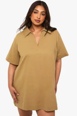 Robe chemise shift en sergé à col prononcé