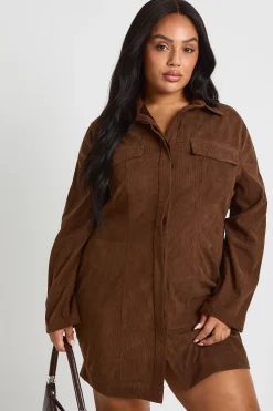 boohoo Robe-chemise à taille cintrée Plus Cord<Femme Looks Chocolat|Robes À Manches Longues