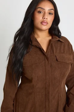 boohoo Robe-chemise à taille cintrée Plus Cord<Femme Looks Chocolat|Robes À Manches Longues