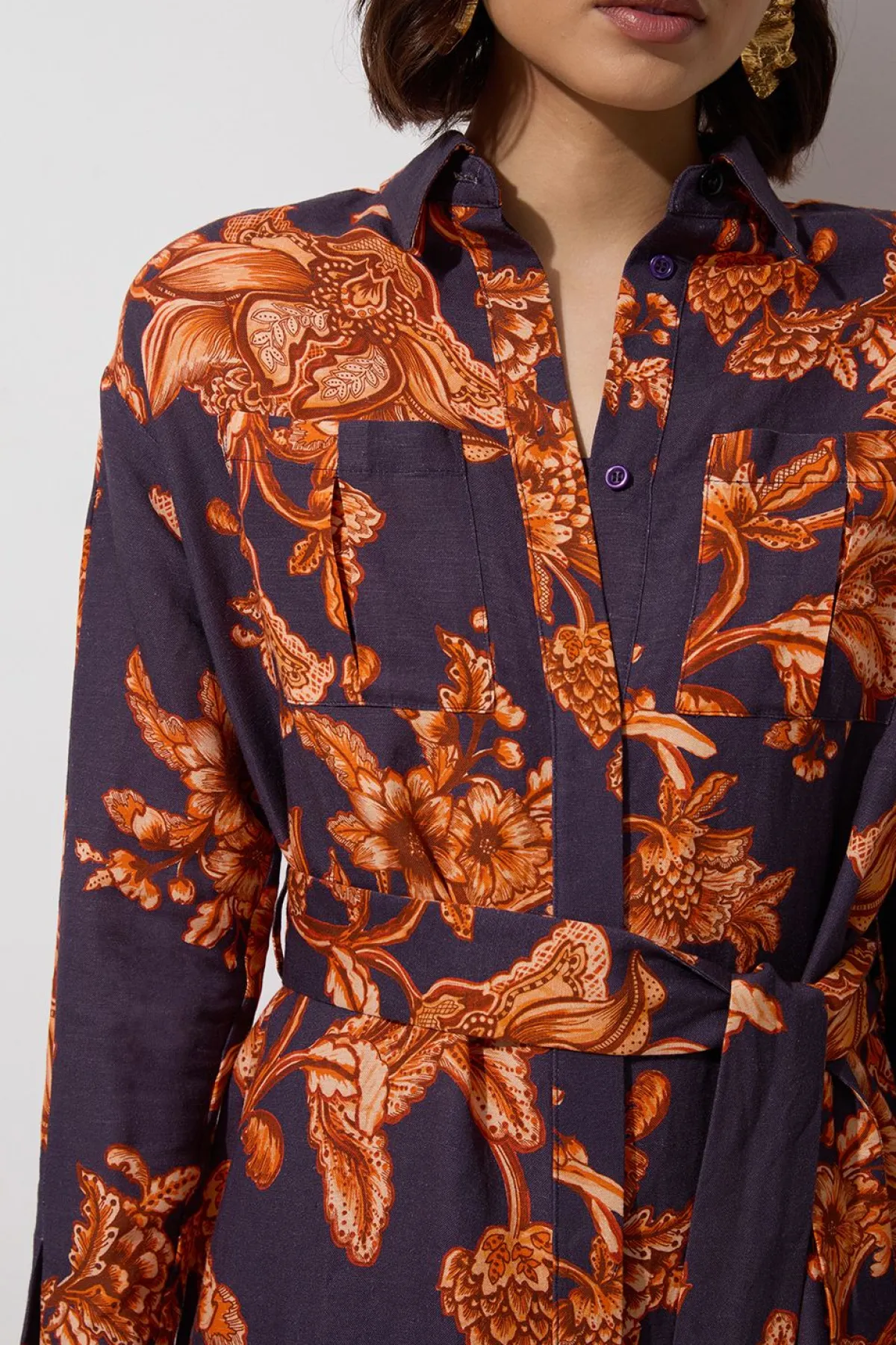 KarenMillen Robe chemise tissée en lin de viscose<Femme Robes Mi-Longues|Robes À Manches Longues