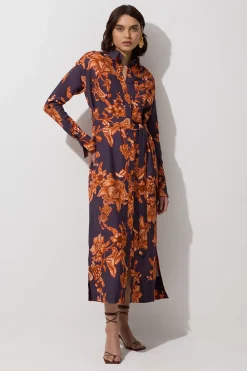 KarenMillen Robe chemise tissée en lin de viscose<Femme Robes Mi-Longues|Robes À Manches Longues