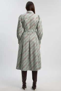 KarenMillen Robe Chemise Tissée en Satin de Coton à Imprimé Chaîne avec Détail Ceinture<Femme Robes Mi-Longues|Robes À Manches Longues