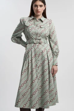 KarenMillen Robe Chemise Tissée en Satin de Coton à Imprimé Chaîne avec Détail Ceinture<Femme Robes Mi-Longues|Robes À Manches Longues