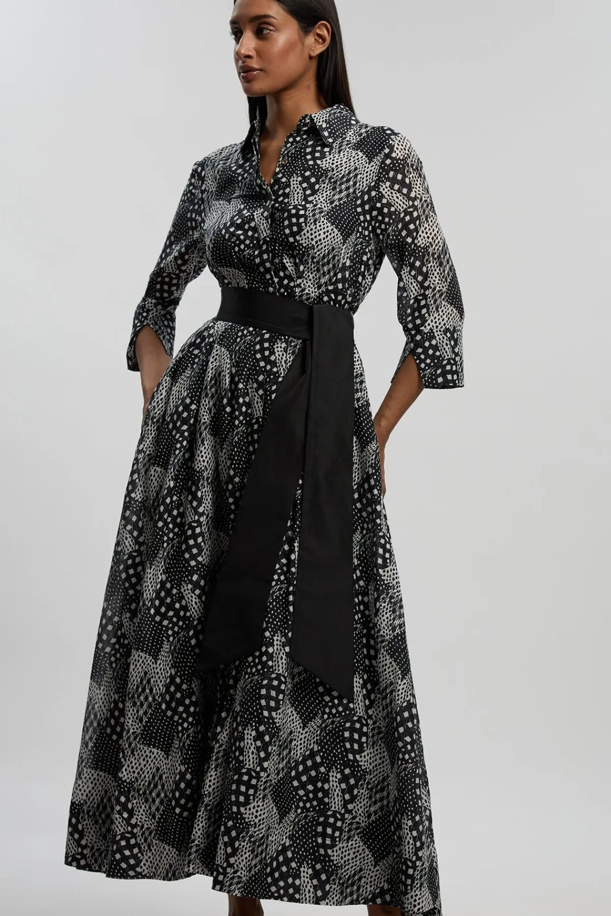 KarenMillen Robe Chemise Tissée En Soie Et Coton À Motif Géométrique chrome<Femme Robes À Manches Longues|Robes