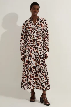 KarenMillen Robe chemise tissée en viscose et lin premium pour grande taille avec ceinture à boucle dorée<Femme Robes Mi-Longues|Robes À Manches Longues