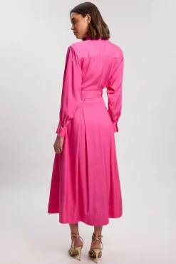 KarenMillen Robe Chemise Tissée En Viscose Lin Premium Petite Avec Ceinture À Boucle Dorée<Femme Robes Mi-Longues|Robes À Manches Longues