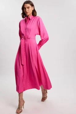 KarenMillen Robe Chemise Tissée En Viscose Lin Premium Avec Ceinture À Boucle Dorée<Femme Robes Mi-Longues|Robes À Manches Longues