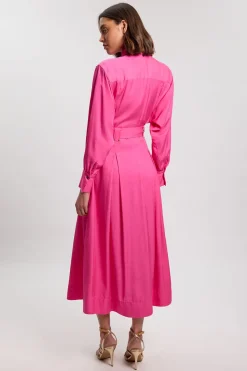 KarenMillen Robe Chemise Tissée En Viscose Lin Premium Avec Ceinture À Boucle Dorée<Femme Robes Mi-Longues|Robes À Manches Longues
