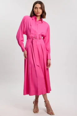KarenMillen Robe Chemise Tissée En Viscose Lin Premium Avec Ceinture À Boucle Dorée<Femme Robes Mi-Longues|Robes À Manches Longues