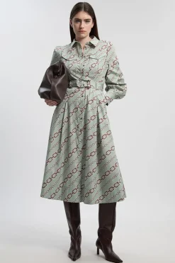 Robe Chemise Tissée Petite en Satin de Coton Imprimé Chaîne avec Détail Ceinture