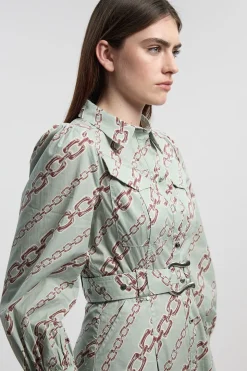 Robe Chemise Tissée Petite en Satin de Coton Imprimé Chaîne avec Détail Ceinture