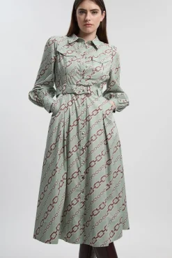 Robe Chemise Tissée Petite en Satin de Coton Imprimé Chaîne avec Détail Ceinture