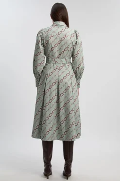 Robe Chemise Tissée Petite en Satin de Coton Imprimé Chaîne avec Détail Ceinture