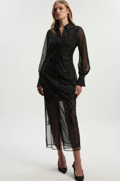 KarenMillen Robe Chemise Transparente Archive en Maille Brodée et Ornementée<Femme Robes À Manches Longues|Robes