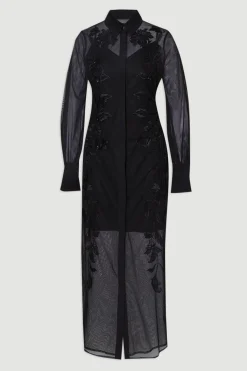 KarenMillen Robe Chemise Transparente Archive en Maille Brodée et Ornementée<Femme Robes À Manches Longues|Robes