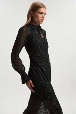 KarenMillen Robe Chemise Transparente Archive en Maille Brodée et Ornementée<Femme Robes À Manches Longues|Robes