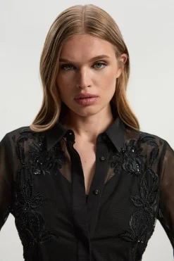 KarenMillen Robe Chemise Transparente Archive en Maille Brodée et Ornementée<Femme Robes À Manches Longues|Robes