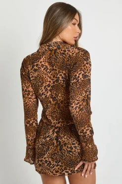 Robe-chemise transparente à motif léopard et aux poignets évasés