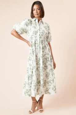 Robe Chemise Verte à Motifs Floraux en Popeline avec Boutons et Jupe Étagée