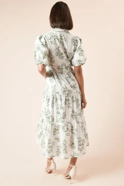 Robe Chemise Verte à Motifs Floraux en Popeline avec Boutons et Jupe Étagée