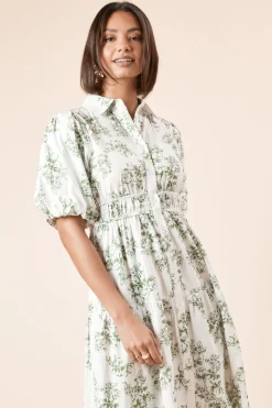 Robe Chemise Verte à Motifs Floraux en Popeline avec Boutons et Jupe Étagée