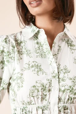 Robe Chemise Verte à Motifs Floraux en Popeline avec Boutons et Jupe Étagée