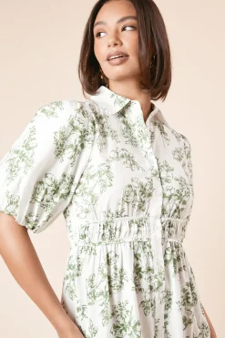 Robe Chemise Verte à Motifs Floraux en Popeline avec Boutons et Jupe Étagée