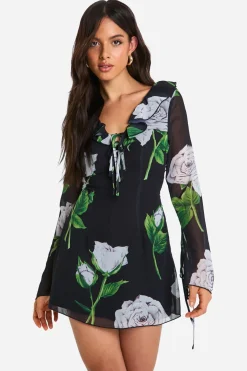 boohoo Robe-chemise à volants en chiffon fleuri<Femme Robes À Manches Longues|Robes
